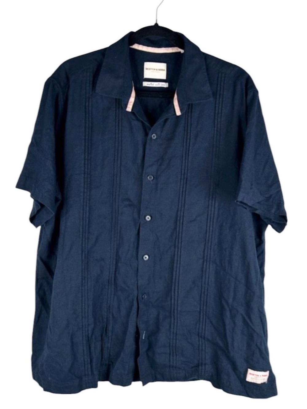 Scotch & Soda Men's Navy Blue Linen Blend Button Down Short Sleeve Shirt Size XL